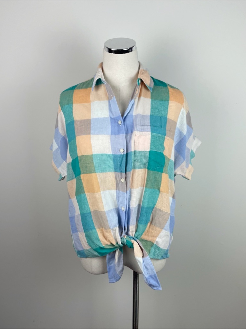 Madewell Green Orange White Plaid Collared Short Sleeve Button Down Top Women